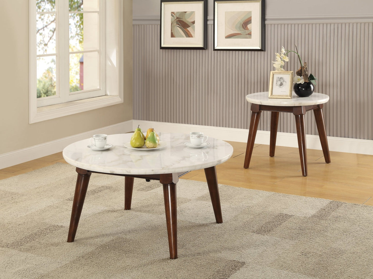 Gasha White Marble Top & Walnut Finish Coffee Table - 1st Choice Furniture Direct
