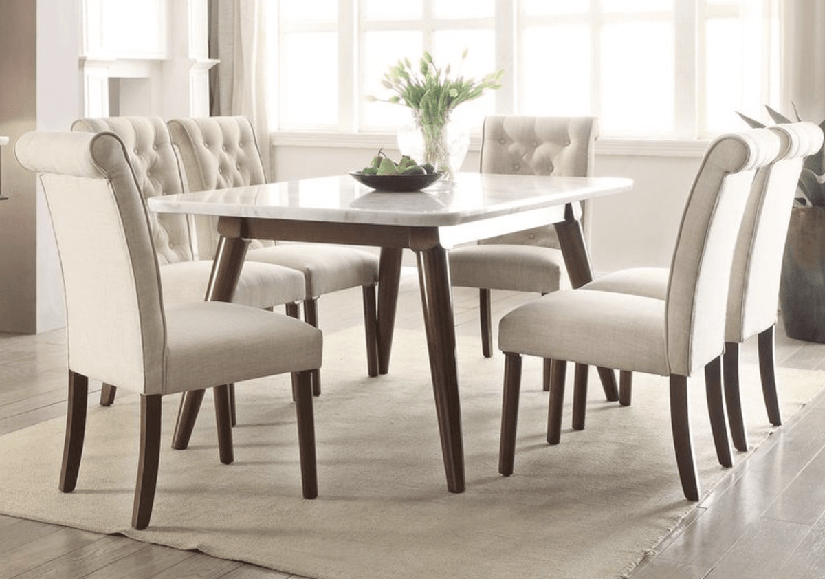 Gasha White Marble Top & Walnut Finish Dining Table - 1st Choice Furniture Direct