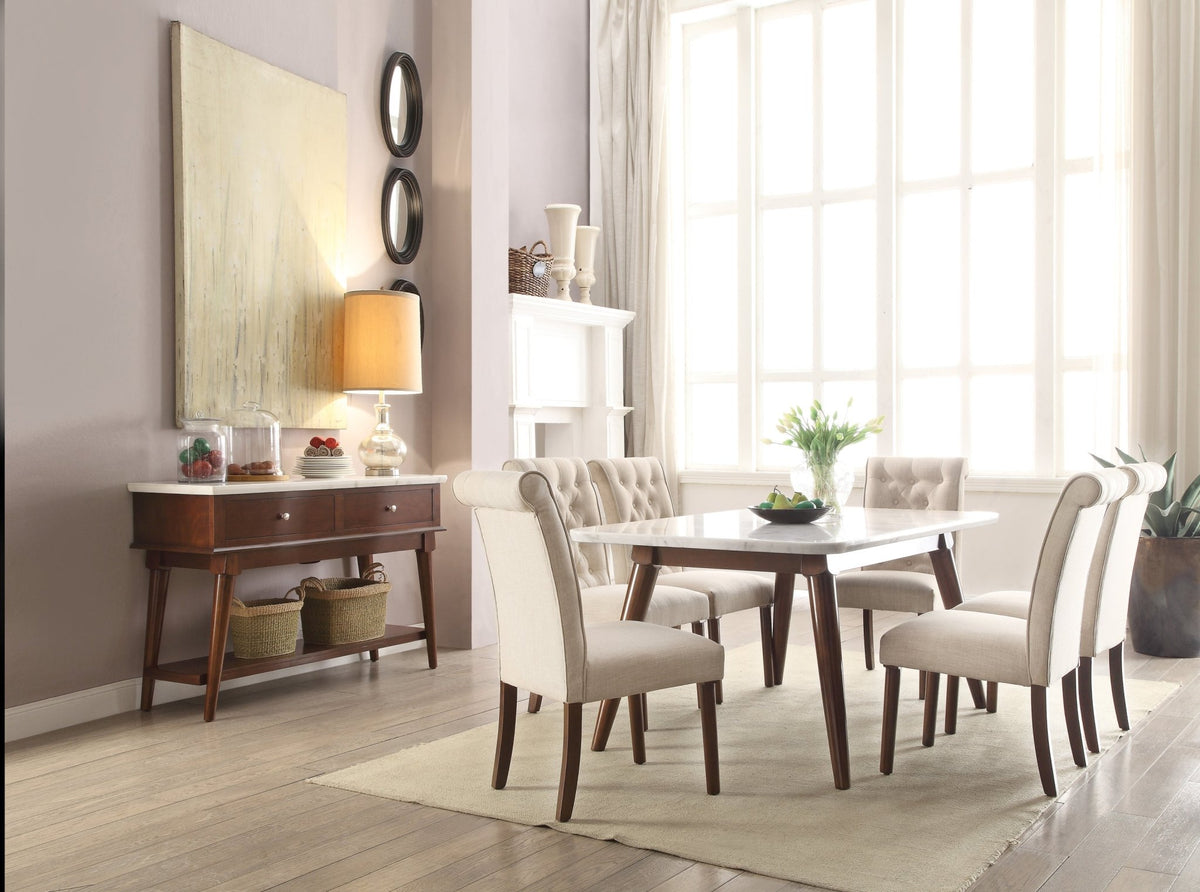 Gasha White Marble Top & Walnut Finish Dining Table - 1st Choice Furniture Direct