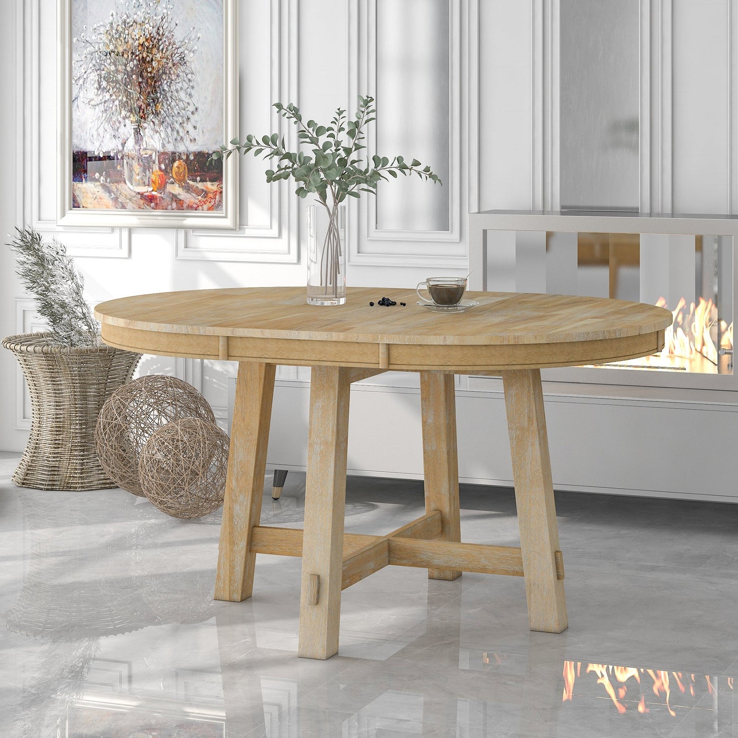 Gia Round Extendable Dining Table with 16' Leaf Wood, Natural - 1st Choice Furniture Direct