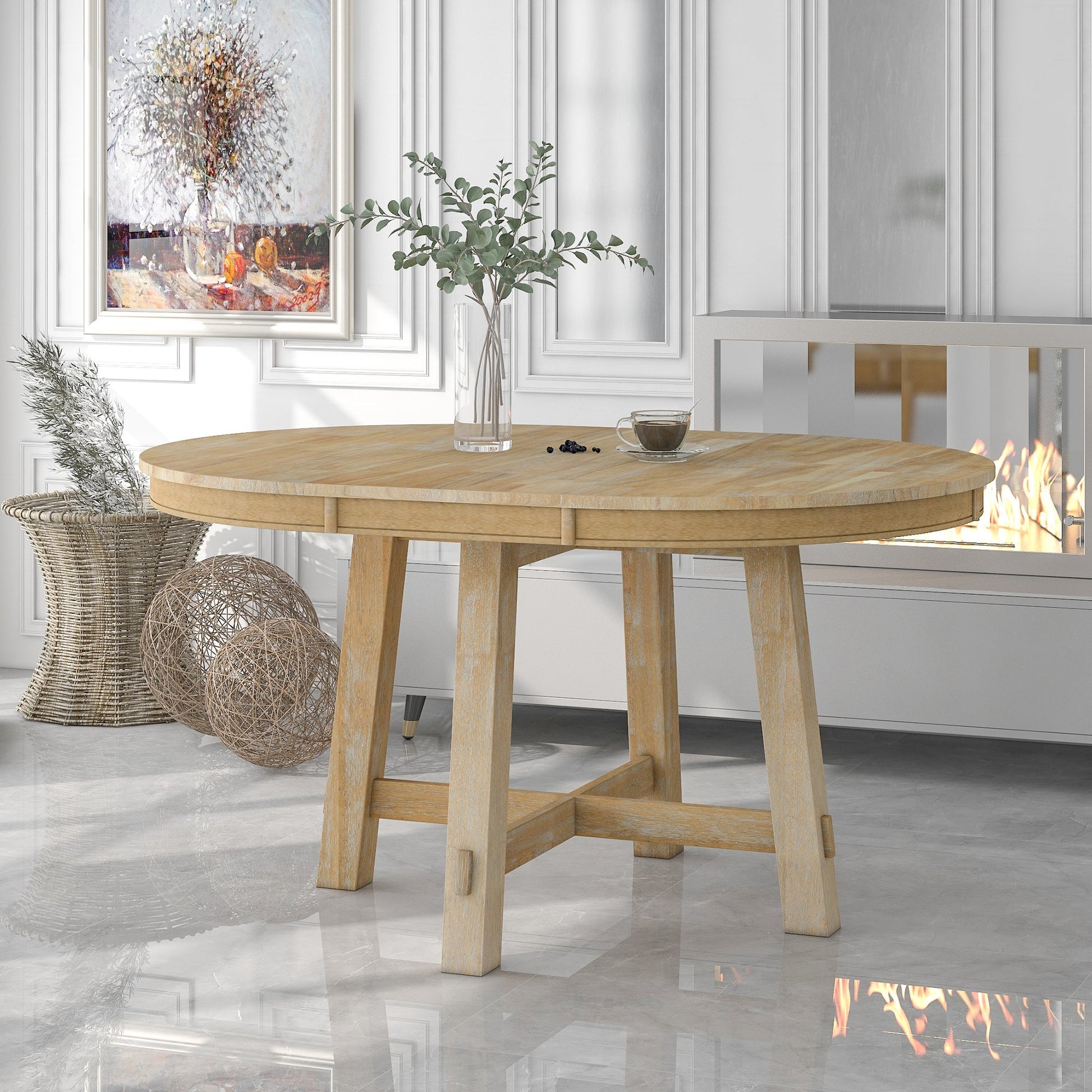 Gia Round Extendable Dining Table with 16' Leaf Wood, Natural - 1st Choice Furniture Direct