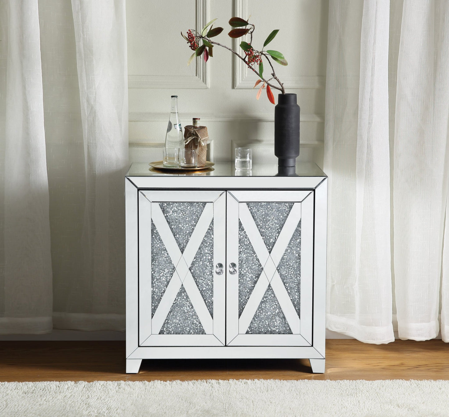 Glam Mirrored Console Cabinet with Faux Diamond Inlay - 1st Choice Furniture Direct
