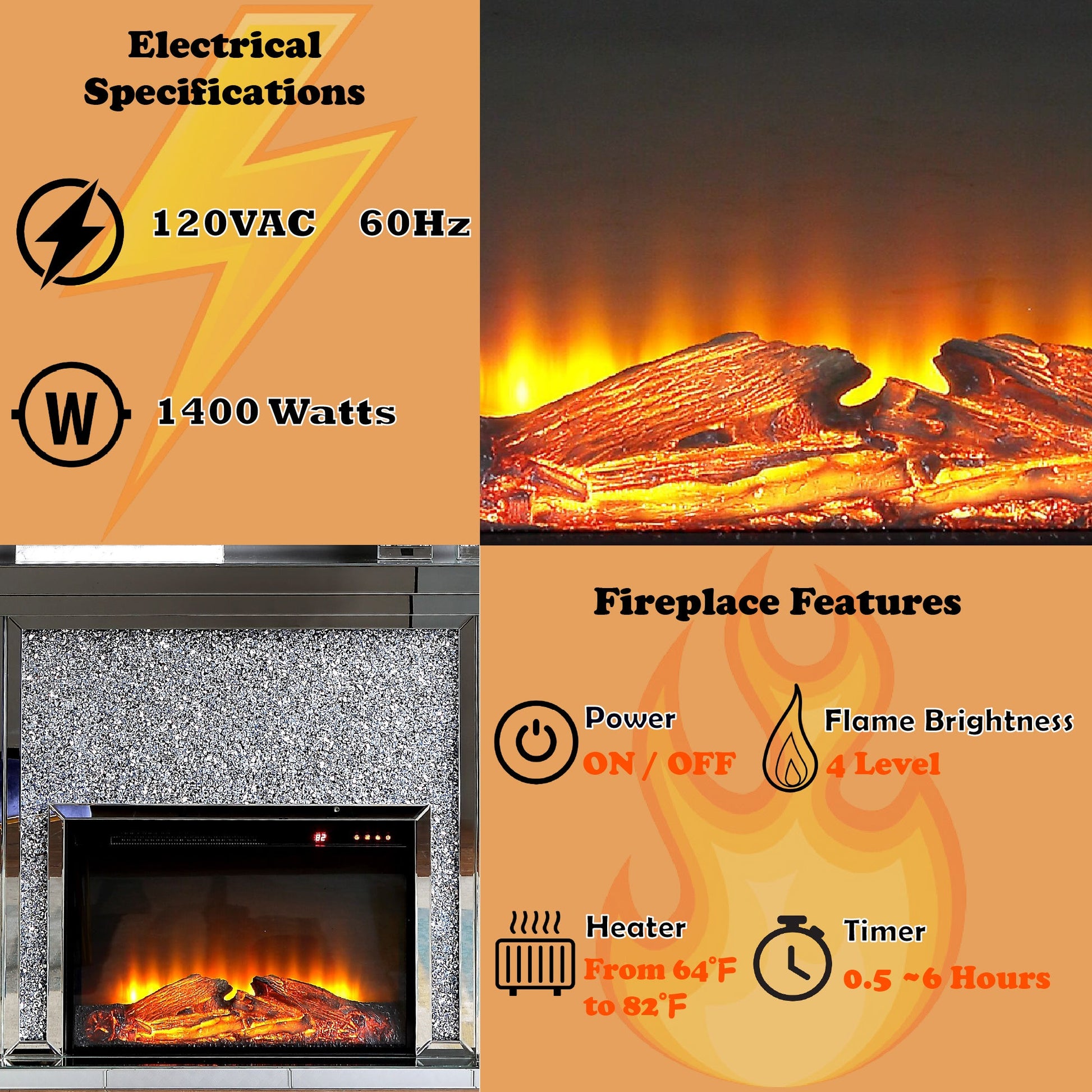 Glam Mirrored Electric Fireplace Console with LED Heater - 1st Choice Furniture Direct