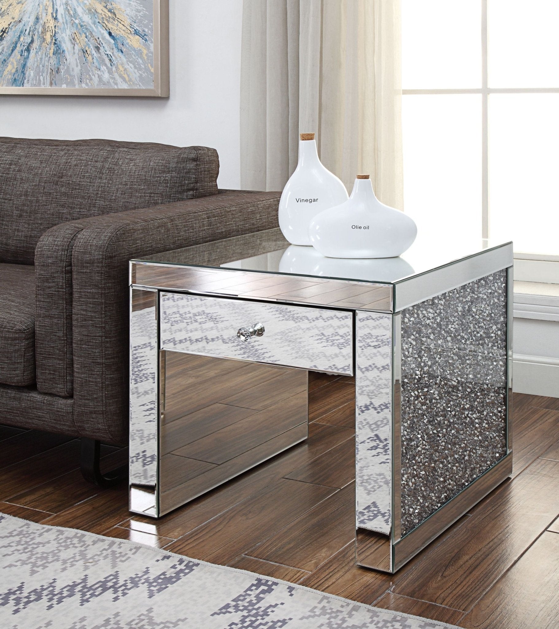 Glam Mirrored End Table with Storage Drawer and Faux Crystal Accents - 1st Choice Furniture Direct