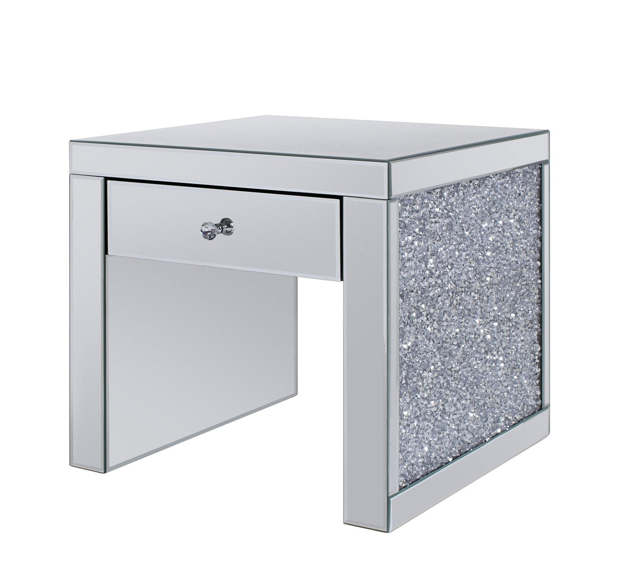 Glam Mirrored End Table with Storage Drawer and Faux Crystal Accents - 1st Choice Furniture Direct