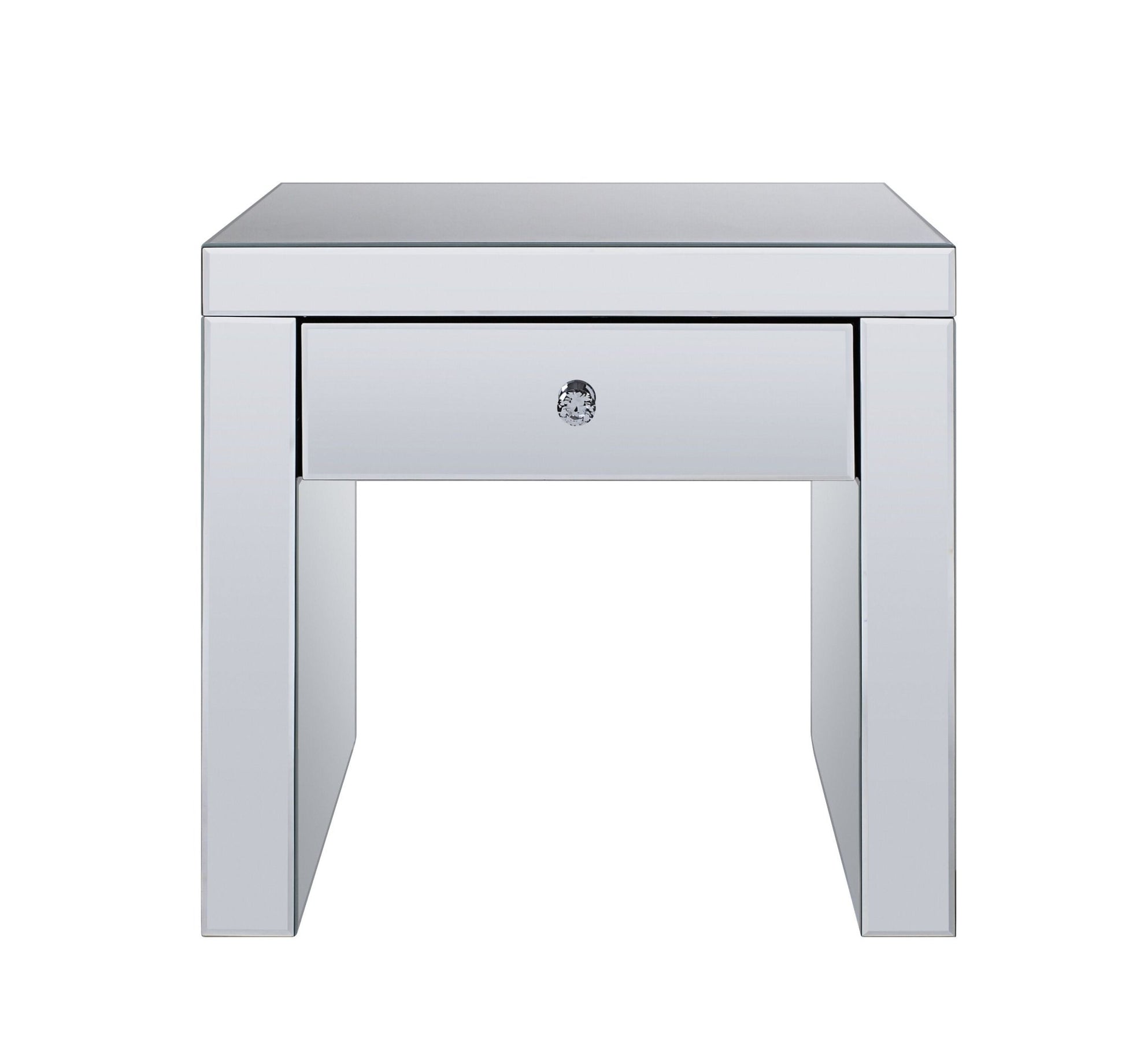 Glam Mirrored End Table with Storage Drawer and Faux Crystal Accents - 1st Choice Furniture Direct