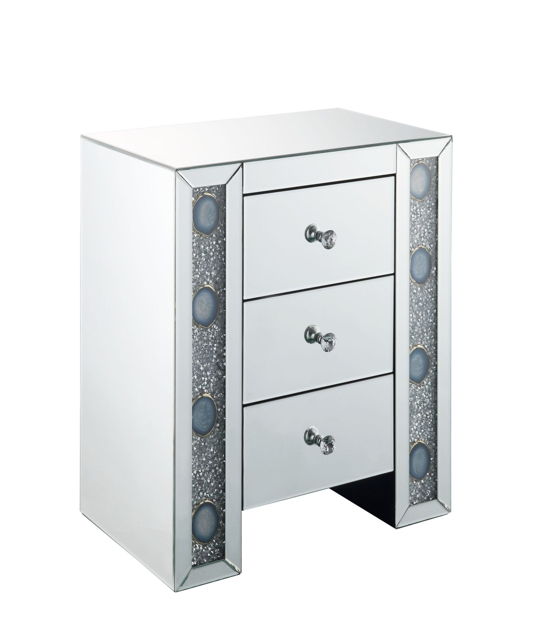 Glam Mirrored Nightstand with Faux Agate & Crystal Accents - 1st Choice Furniture Direct