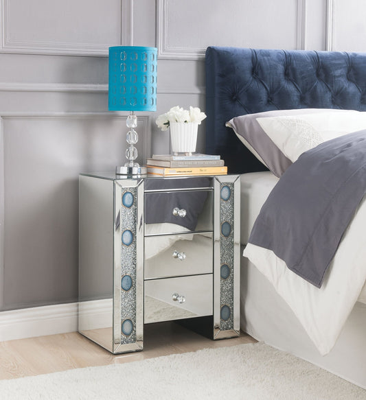 Glam Mirrored Nightstand with Faux Agate & Crystal Accents - 1st Choice Furniture Direct