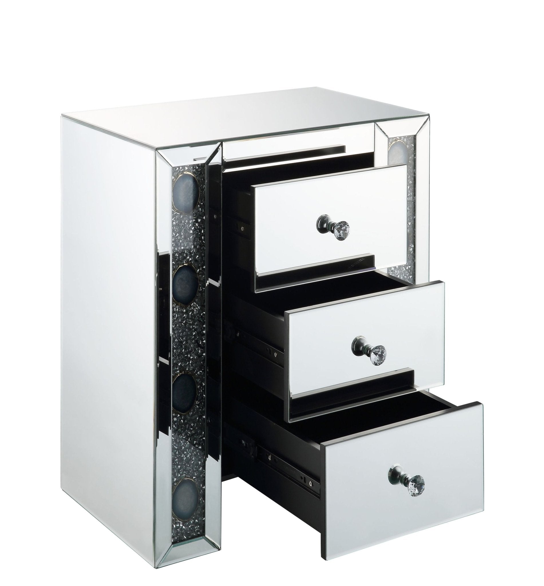 Glam Mirrored Nightstand with Faux Agate & Crystal Accents - 1st Choice Furniture Direct