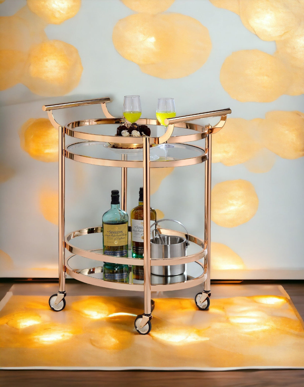 Glam Rose Gold Bar Cart with Glass Shelves and Mirrored Bottom - 1st Choice Furniture Direct