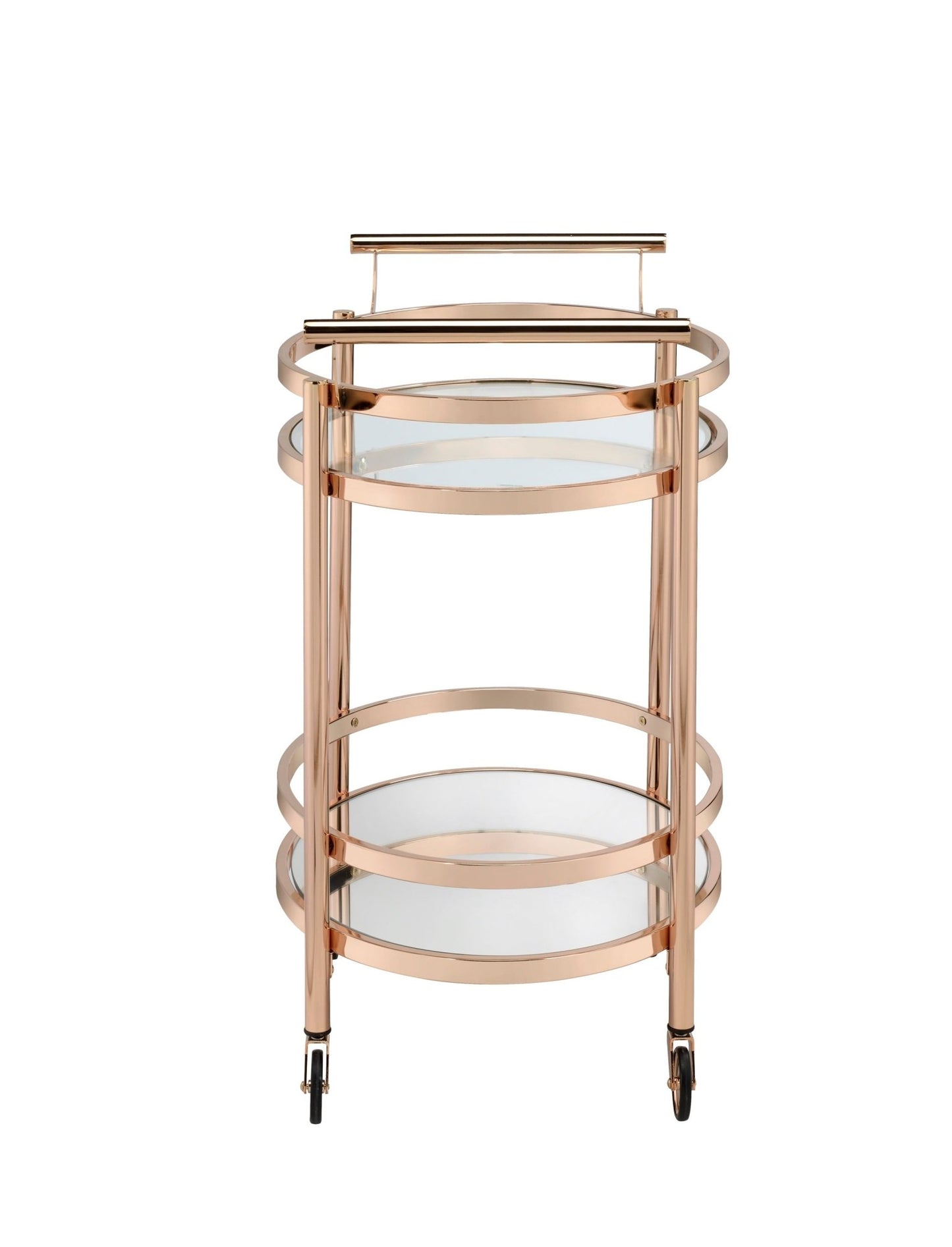 Glam Rose Gold Bar Cart with Glass Shelves and Mirrored Bottom - 1st Choice Furniture Direct