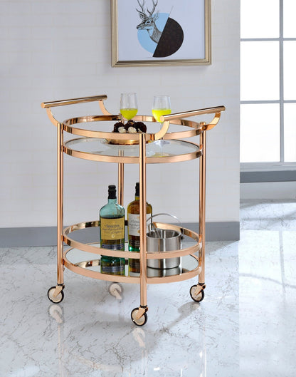 Glam Rose Gold Bar Cart with Glass Shelves and Mirrored Bottom - 1st Choice Furniture Direct