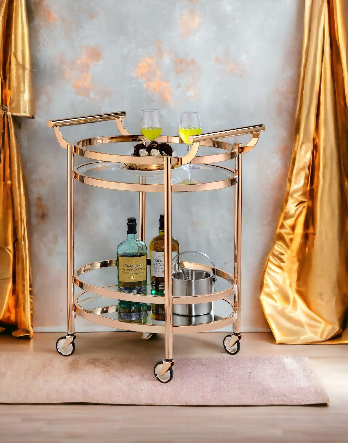 Glam Rose Gold Bar Cart with Glass Shelves and Mirrored Bottom - 1st Choice Furniture Direct