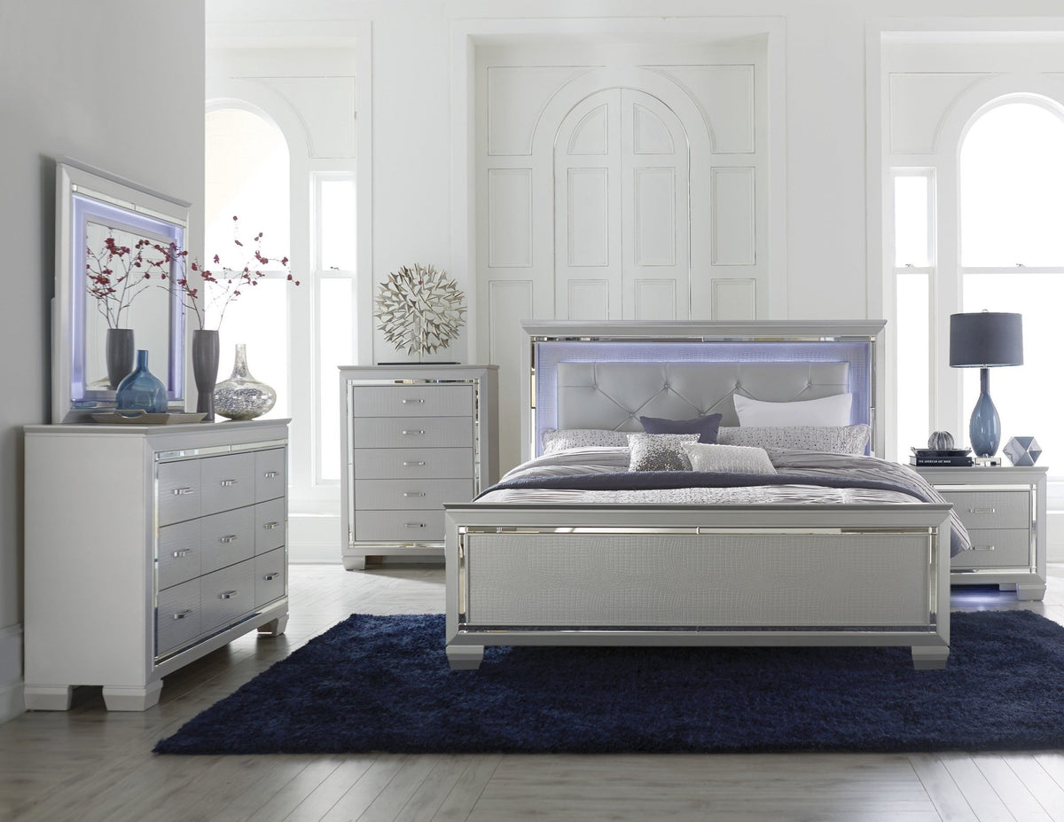 Glamourous Silver Finish 1pc Nightstand 2x Dovetail Drawers Faux Alligator Embossed Fronts Bedroom Furniture - 1st Choice Furniture Direct