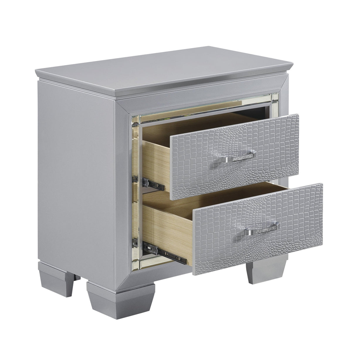 Glamourous Silver Finish 1pc Nightstand 2x Dovetail Drawers Faux Alligator Embossed Fronts Bedroom Furniture - 1st Choice Furniture Direct