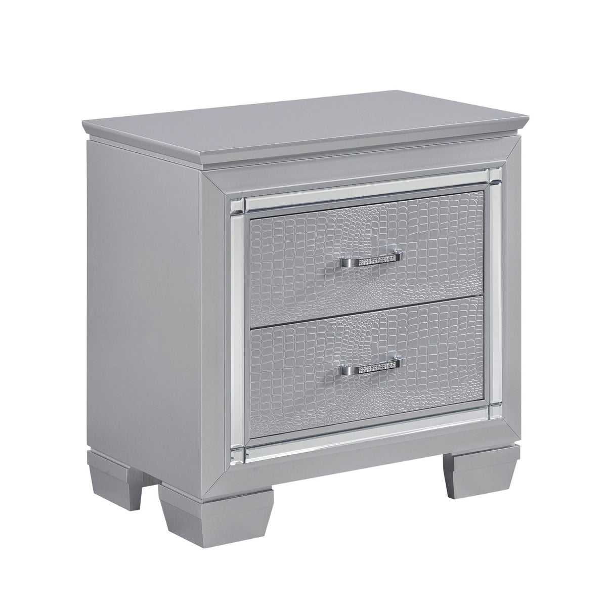 Glamourous Silver Finish 1pc Nightstand 2x Dovetail Drawers Faux Alligator Embossed Fronts Bedroom Furniture - 1st Choice Furniture Direct