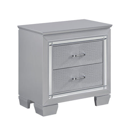 Glamourous Silver Finish 1pc Nightstand 2x Dovetail Drawers Faux Alligator Embossed Fronts Bedroom Furniture - 1st Choice Furniture Direct