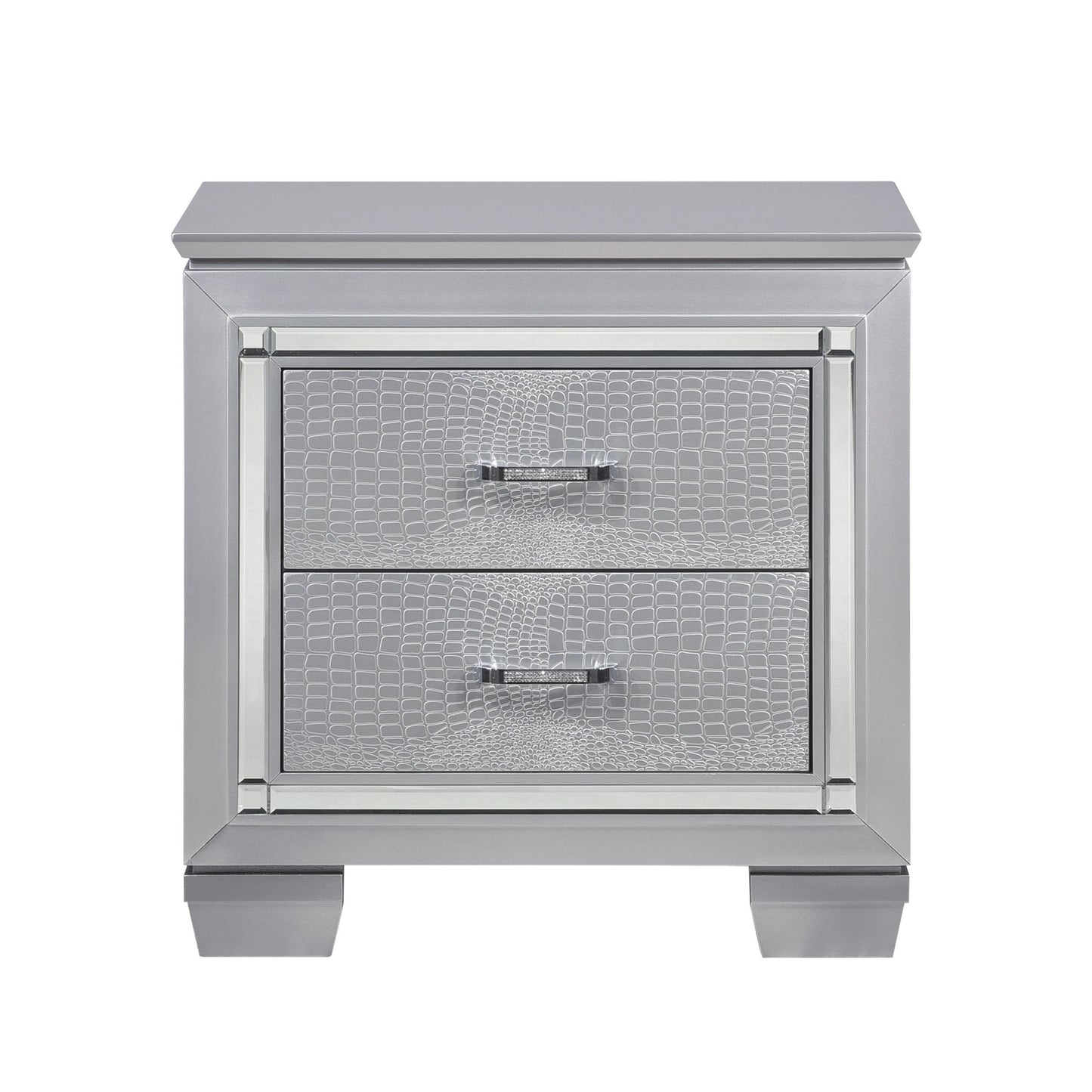 Glamourous Silver Finish 1pc Nightstand 2x Dovetail Drawers Faux Alligator Embossed Fronts Bedroom Furniture - 1st Choice Furniture Direct