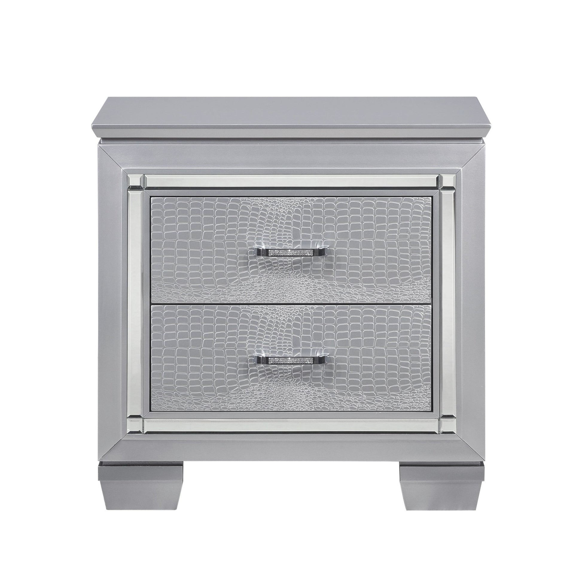 Glamourous Silver Finish 1pc Nightstand 2x Dovetail Drawers Faux Alligator Embossed Fronts Bedroom Furniture - 1st Choice Furniture Direct