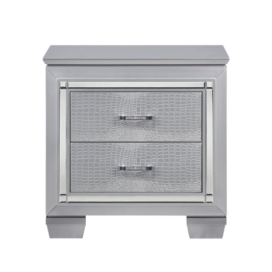 Glamourous Silver Finish 1pc Nightstand 2x Dovetail Drawers Faux Alligator Embossed Fronts Bedroom Furniture - 1st Choice Furniture Direct