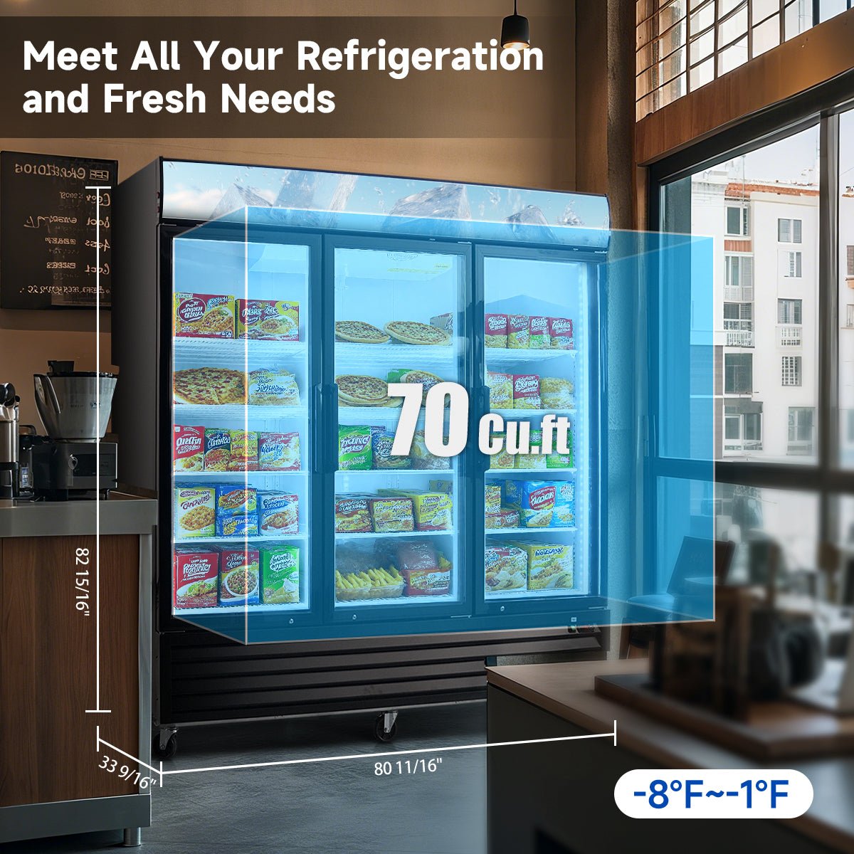 Glass Door Merchandiser Freezer 70 Cu.ft Swing Door Commercial Reach - In Display Freezers with LED Top Panel Upright Freeze Storage - 1st Choice Furniture Direct