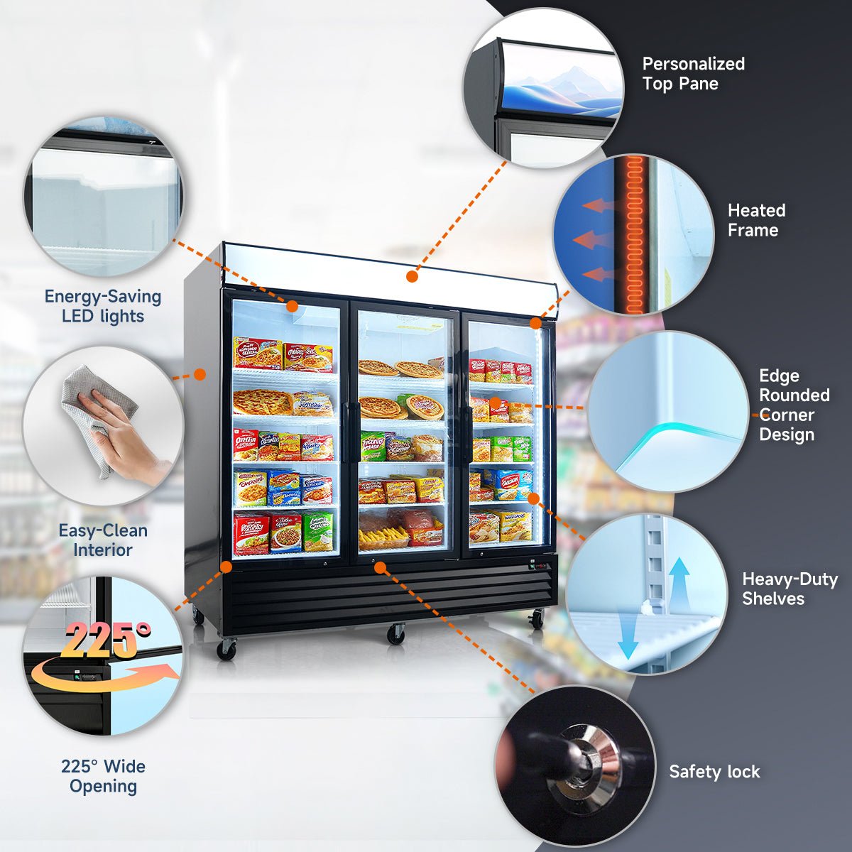 Glass Door Merchandiser Freezer 70 Cu.ft Swing Door Commercial Reach - In Display Freezers with LED Top Panel Upright Freeze Storage - 1st Choice Furniture Direct