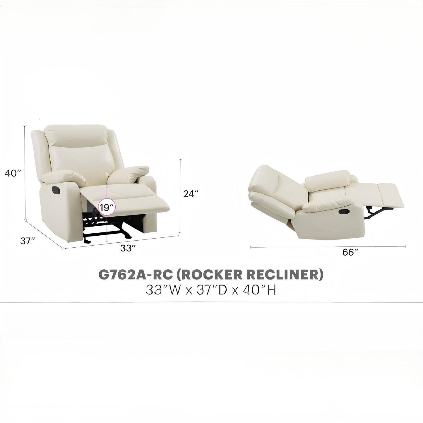 Glory Furniture Ward G762A - RC Rocker Recliner, Off White PU, 33x37x40 inches - 1st Choice Furniture Direct