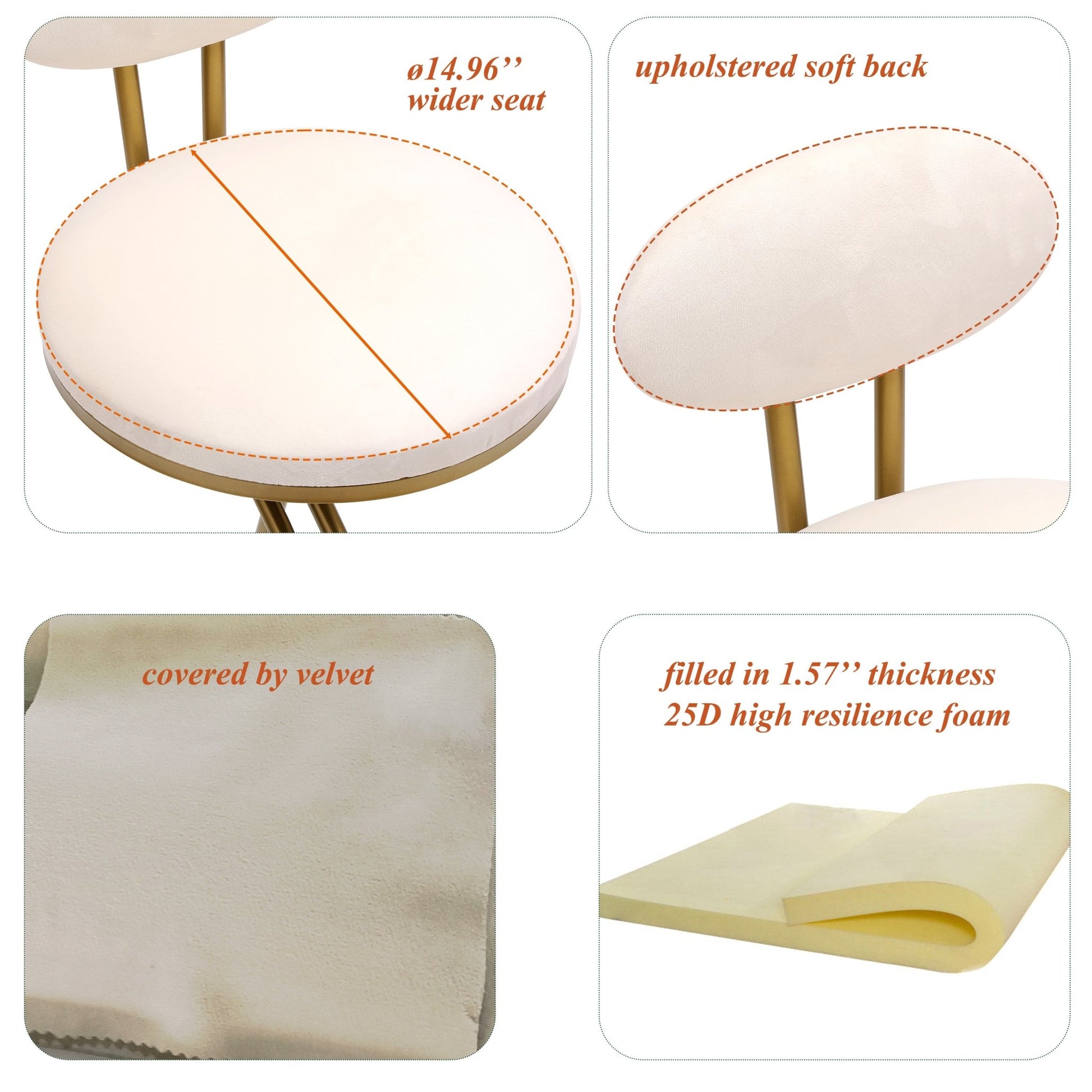 Gold & Cream Velvet Bar Stools Set of 2 | Modern Counter Height Chairs with Back - 1st Choice Furniture Direct