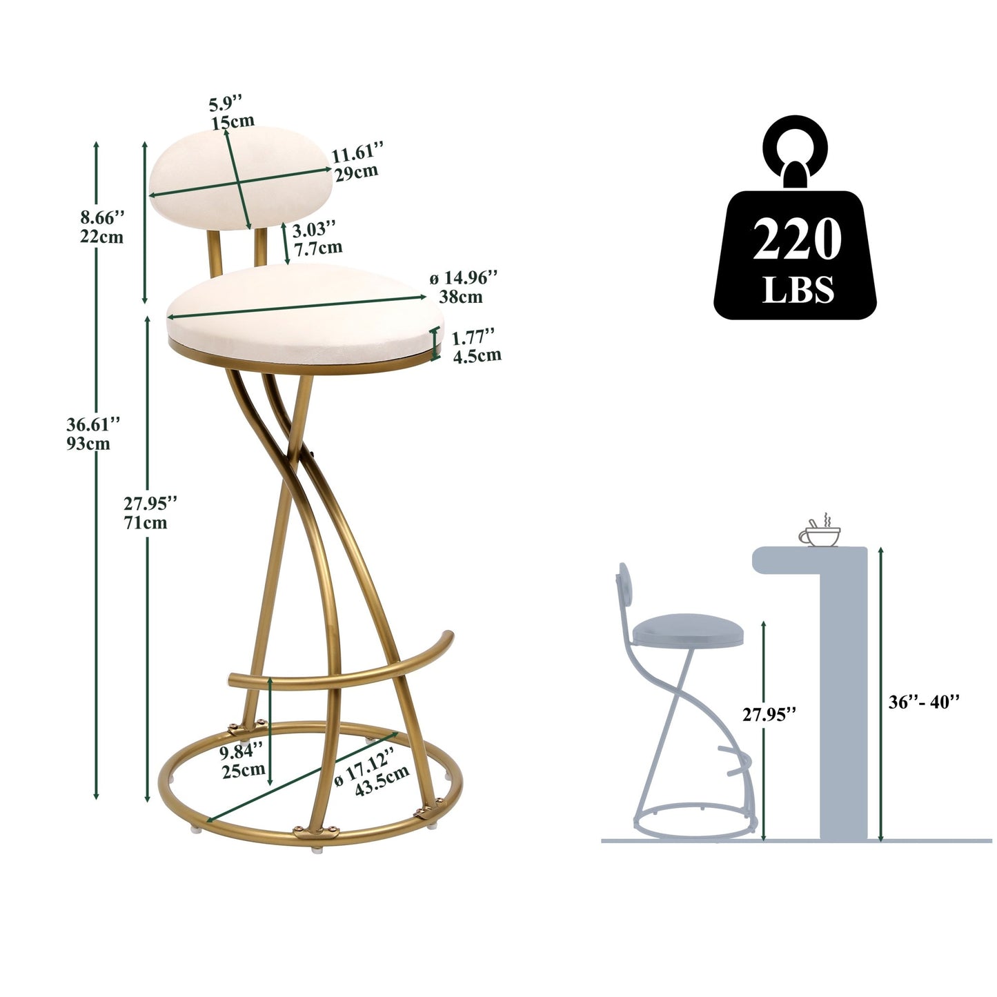 Gold & Cream Velvet Bar Stools Set of 2 | Modern Counter Height Chairs with Back - 1st Choice Furniture Direct