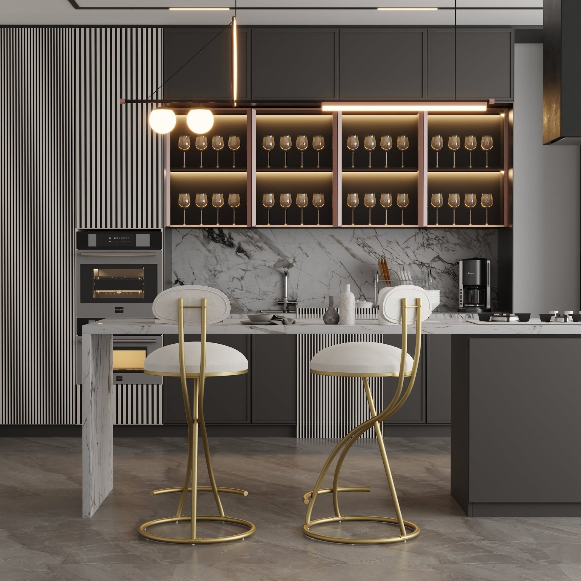 Gold & Cream Velvet Bar Stools Set of 2 | Modern Counter Height Chairs with Back - 1st Choice Furniture Direct