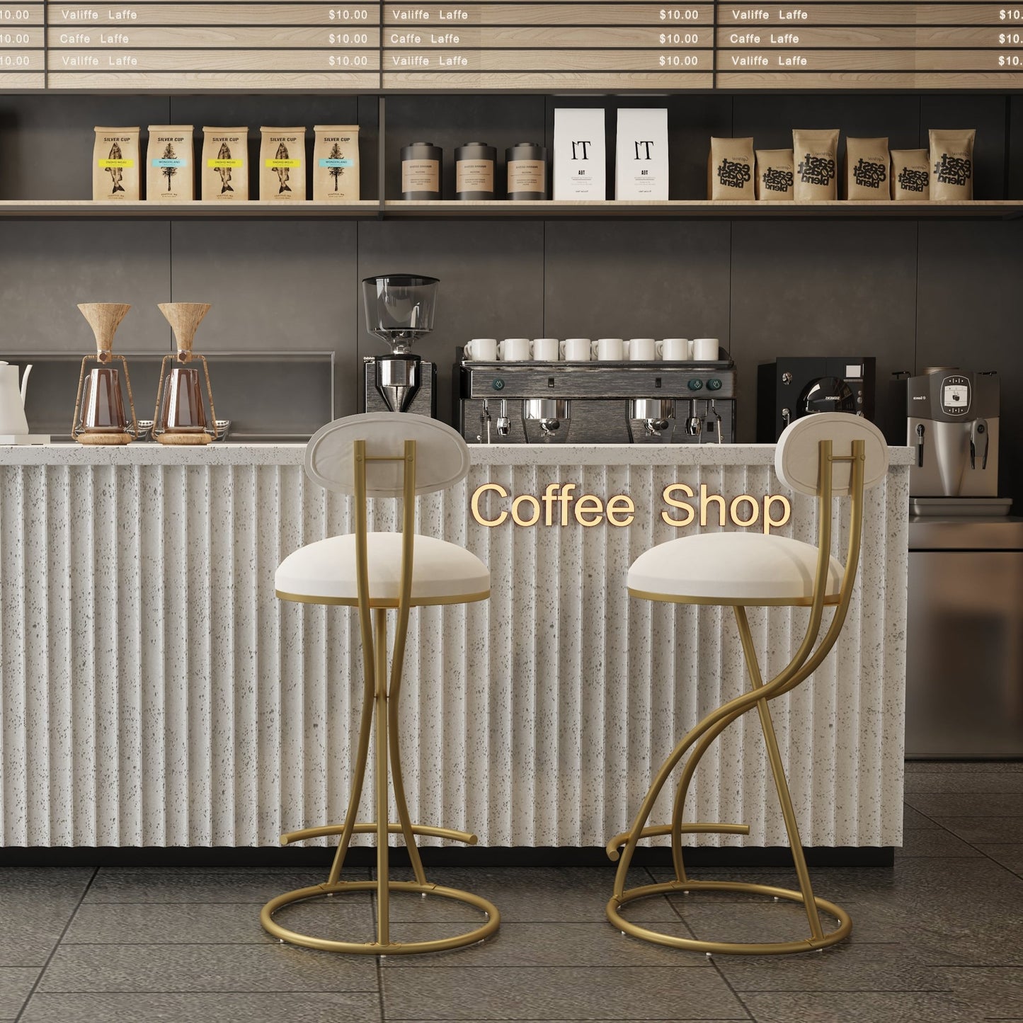 Gold & Cream Velvet Bar Stools Set of 2 | Modern Counter Height Chairs with Back - 1st Choice Furniture Direct