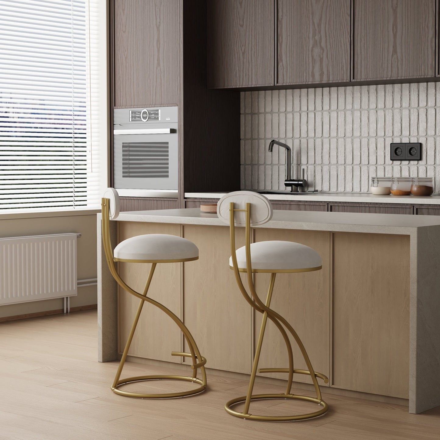 Gold & Cream Velvet Bar Stools Set of 2 | Modern Counter Height Chairs with Back - 1st Choice Furniture Direct