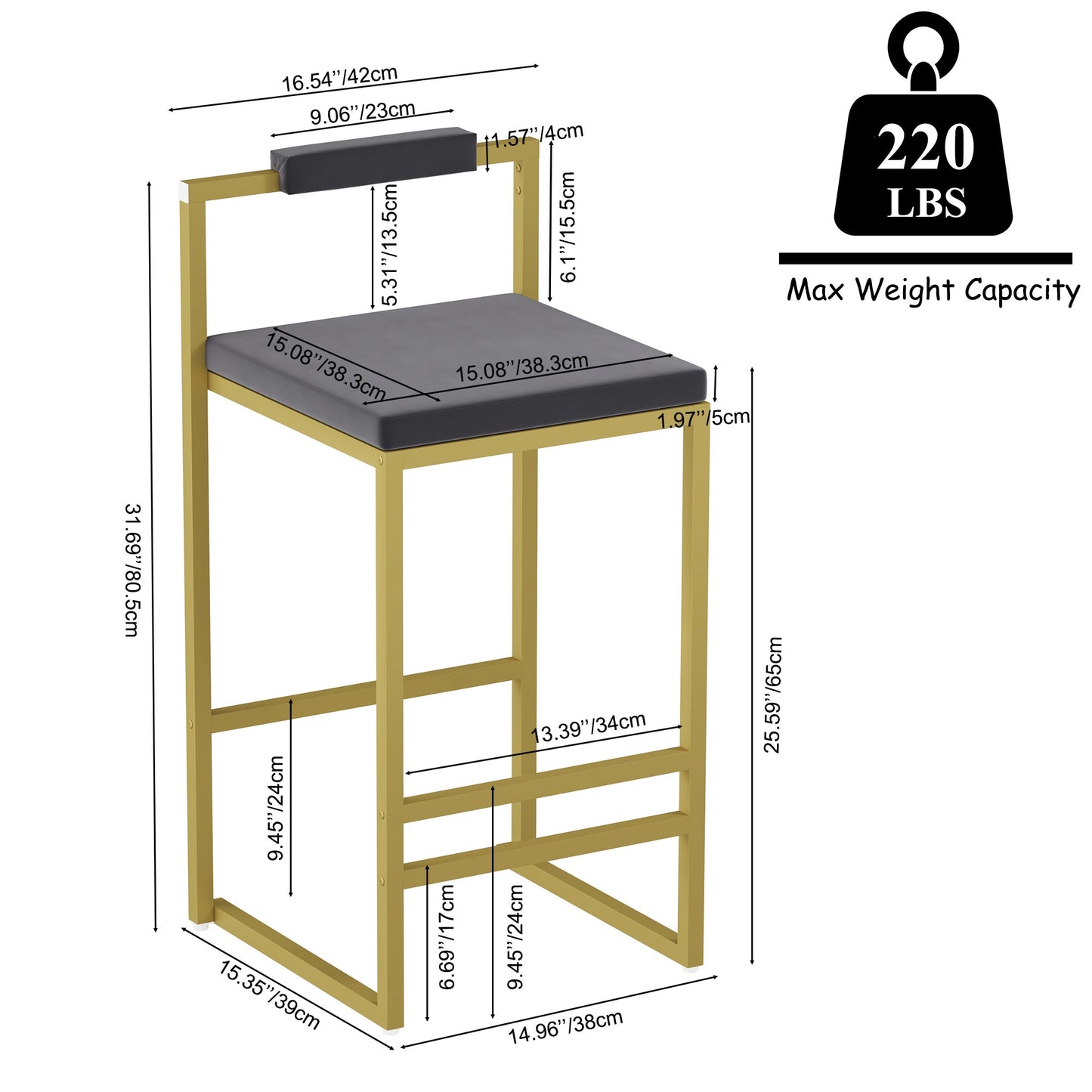 Gold & Gray Velvet Bar Stools Set of 2 | Counter Height Chairs with Back & Footrest - 1st Choice Furniture Direct