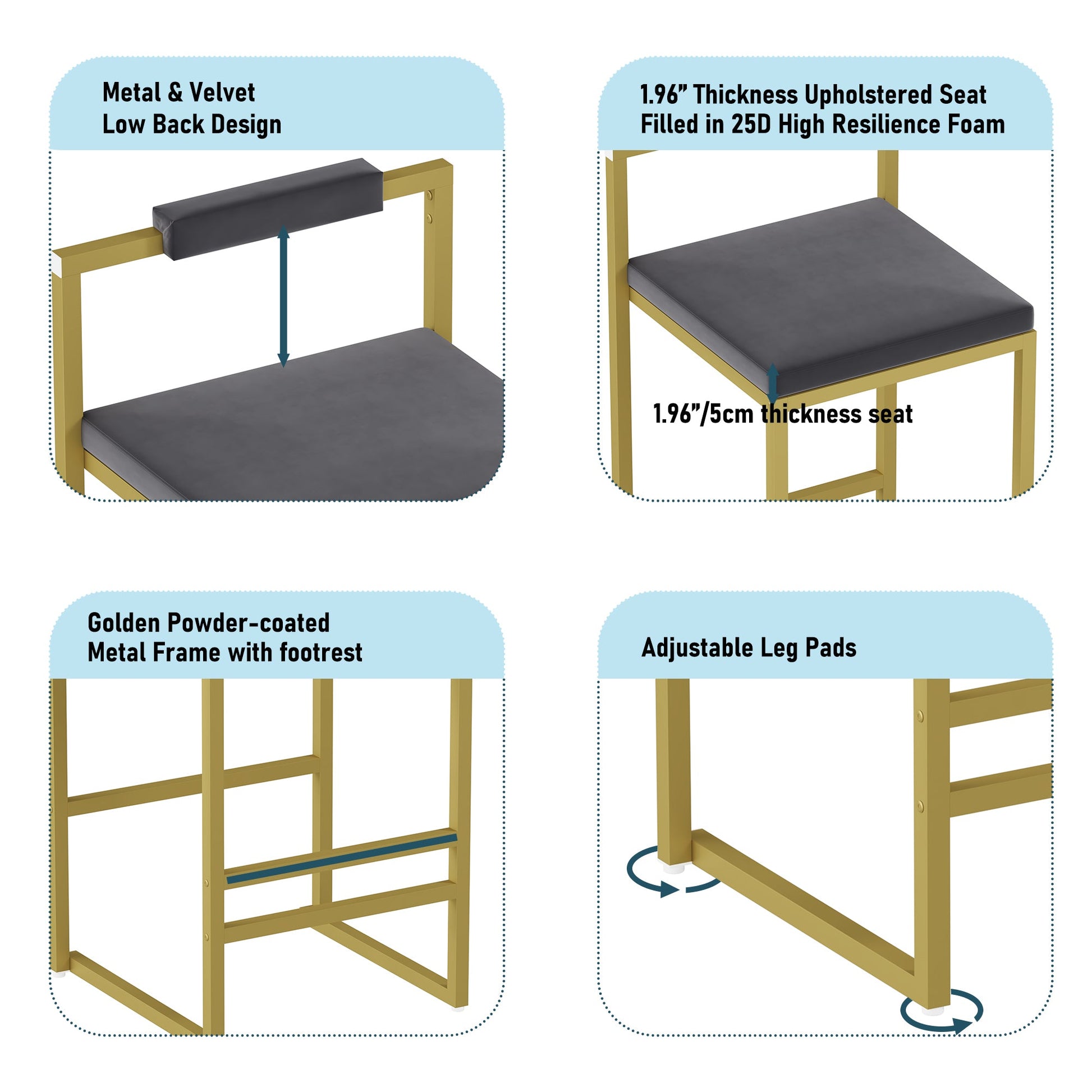 Gold & Gray Velvet Bar Stools Set of 2 | Counter Height Chairs with Back & Footrest - 1st Choice Furniture Direct