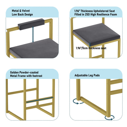 Gold & Gray Velvet Bar Stools Set of 2 | Counter Height Chairs with Back & Footrest - 1st Choice Furniture Direct