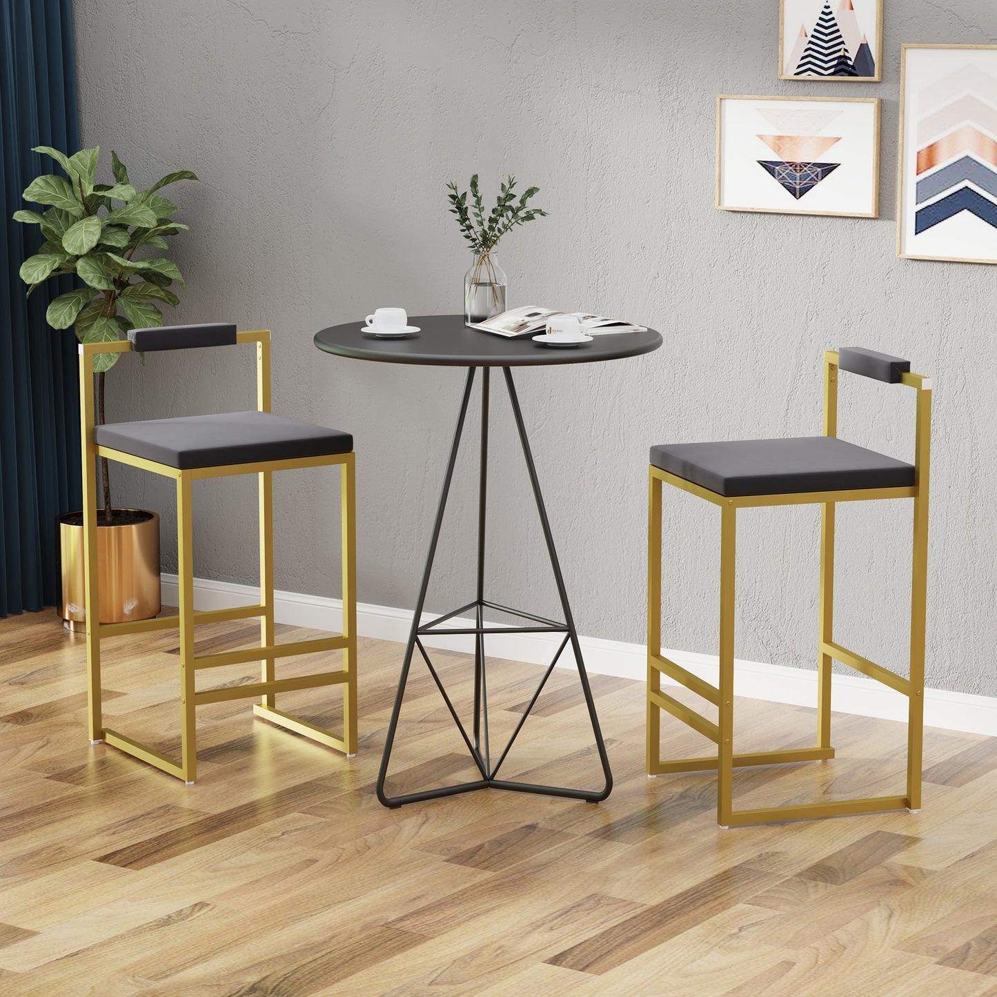 Gold & Gray Velvet Bar Stools Set of 2 | Counter Height Chairs with Back & Footrest - 1st Choice Furniture Direct