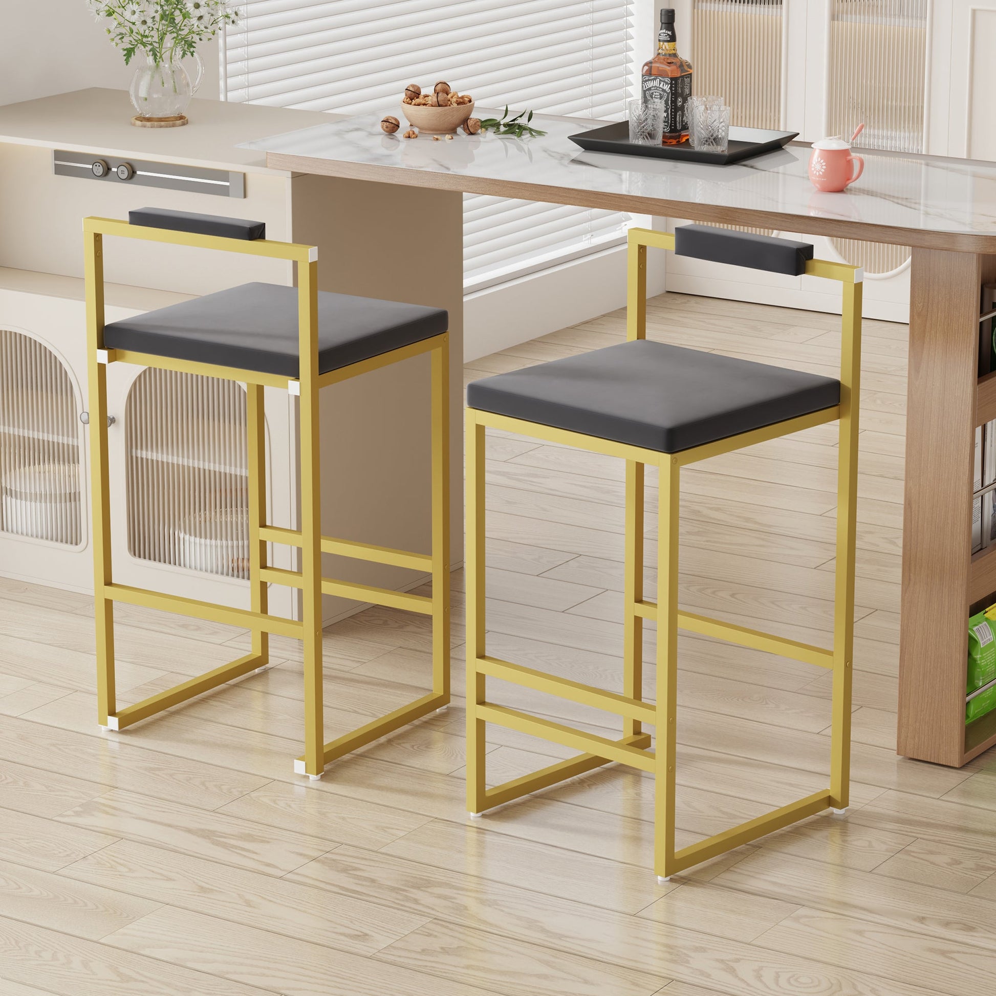 Gold & Gray Velvet Bar Stools Set of 2 | Counter Height Chairs with Back & Footrest - 1st Choice Furniture Direct