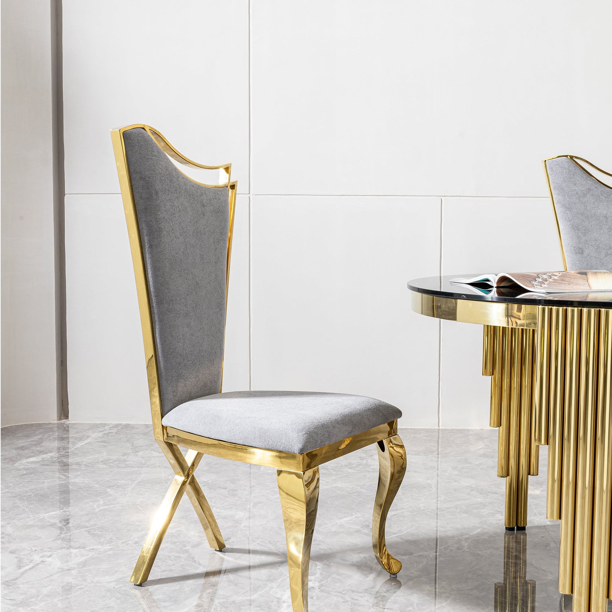 Gold Stainless Steel Dining Chairs Set of 2 – Grey Velvet Upholstered Modern Contemporary Dining Room Chairs - 1st Choice Furniture Direct