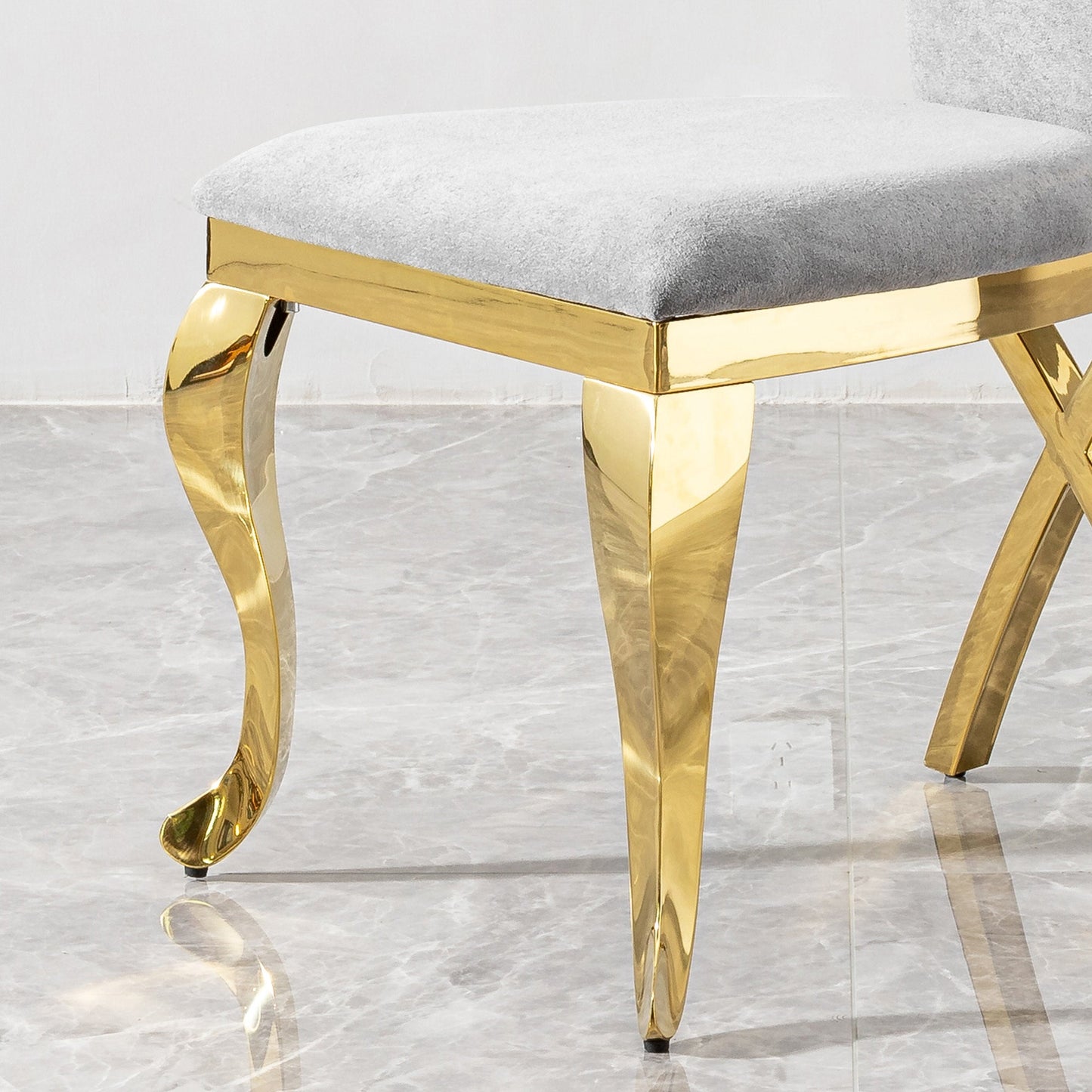 Gold Stainless Steel Dining Chairs Set of 2 – Grey Velvet Upholstered Modern Contemporary Dining Room Chairs - 1st Choice Furniture Direct