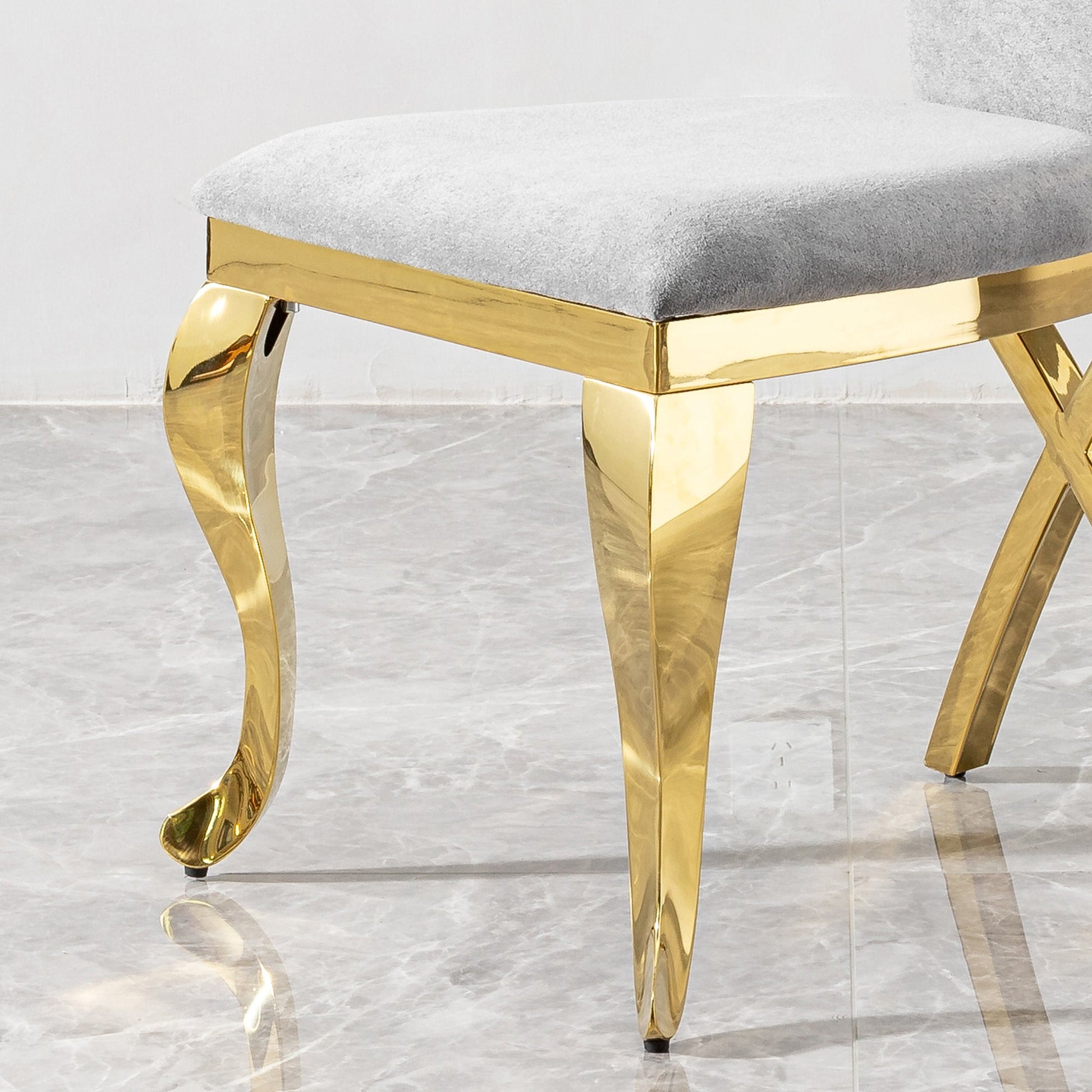 Gold Stainless Steel Dining Chairs Set of 2 – Grey Velvet Upholstered Modern Contemporary Dining Room Chairs - 1st Choice Furniture Direct