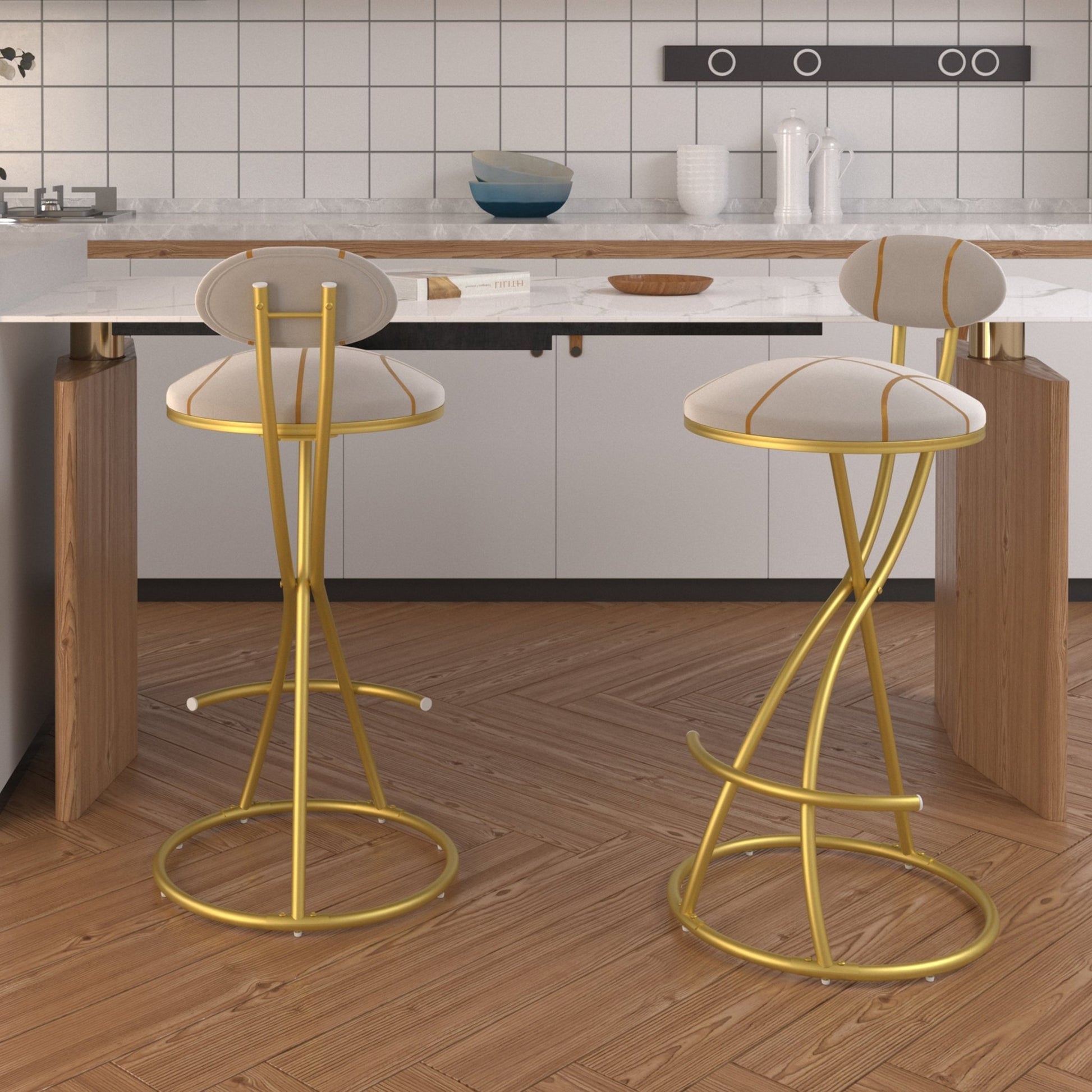 Gold Velvet Bar Stools Set of 2 | Striped Upholstered Counter Chairs with Metal Frame - 1st Choice Furniture Direct