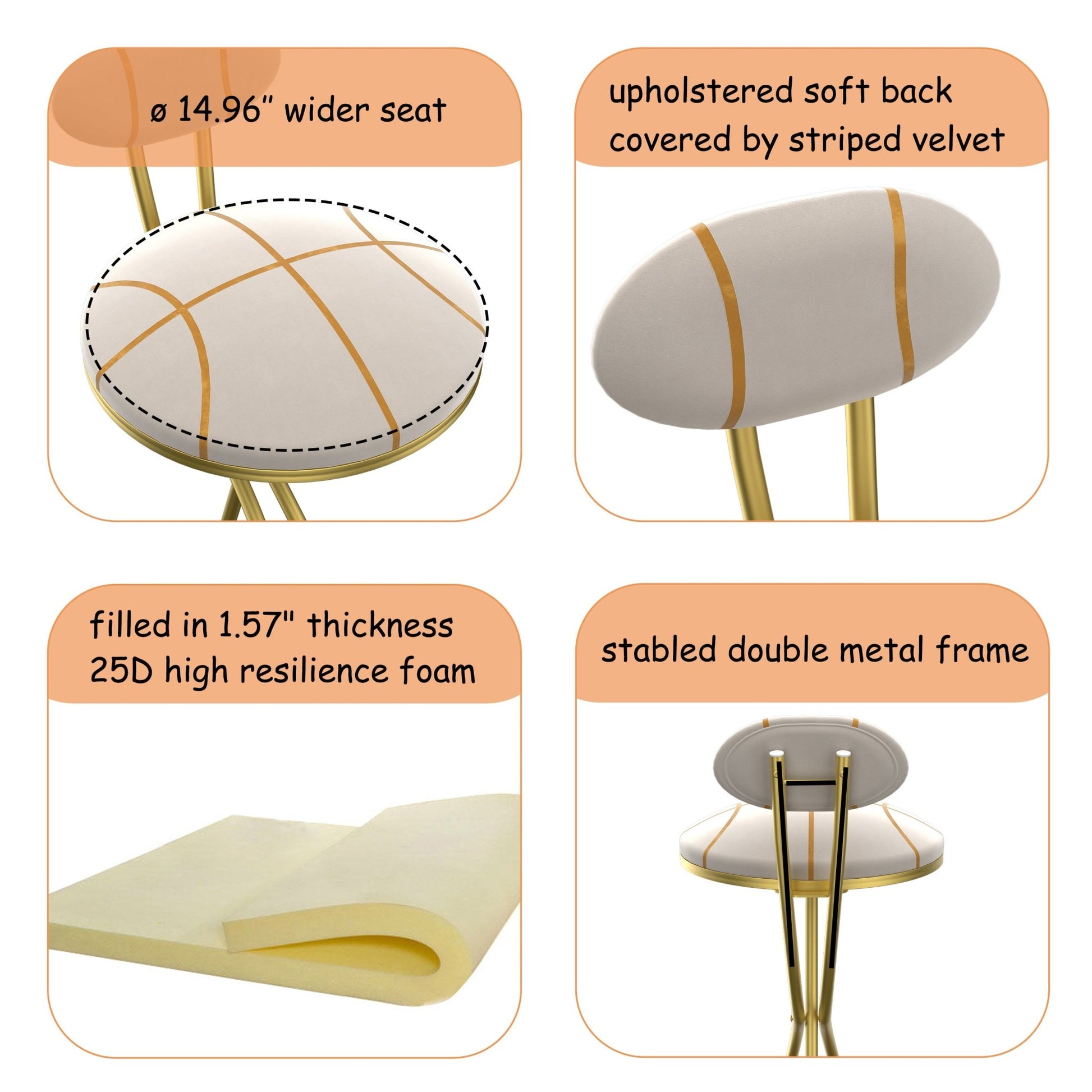 Gold Velvet Bar Stools Set of 2 | Striped Upholstered Counter Chairs with Metal Frame - 1st Choice Furniture Direct