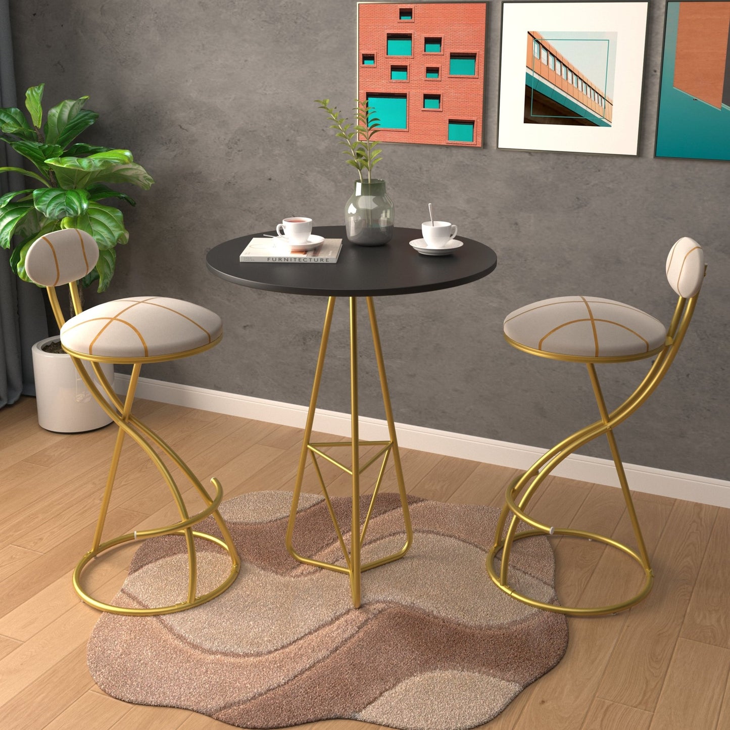 Gold Velvet Bar Stools Set of 2 | Striped Upholstered Counter Chairs with Metal Frame - 1st Choice Furniture Direct