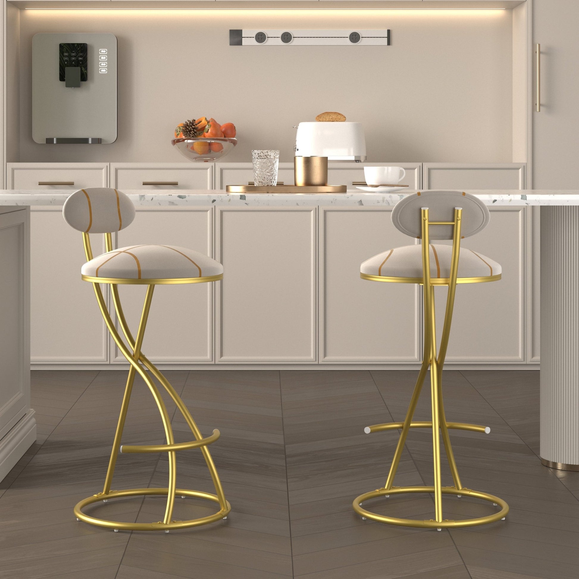 Gold Velvet Bar Stools Set of 2 | Striped Upholstered Counter Chairs with Metal Frame - 1st Choice Furniture Direct