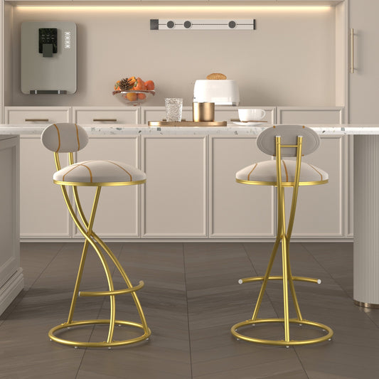 Gold Velvet Bar Stools Set of 2 | Striped Upholstered Counter Chairs with Metal Frame - 1st Choice Furniture Direct
