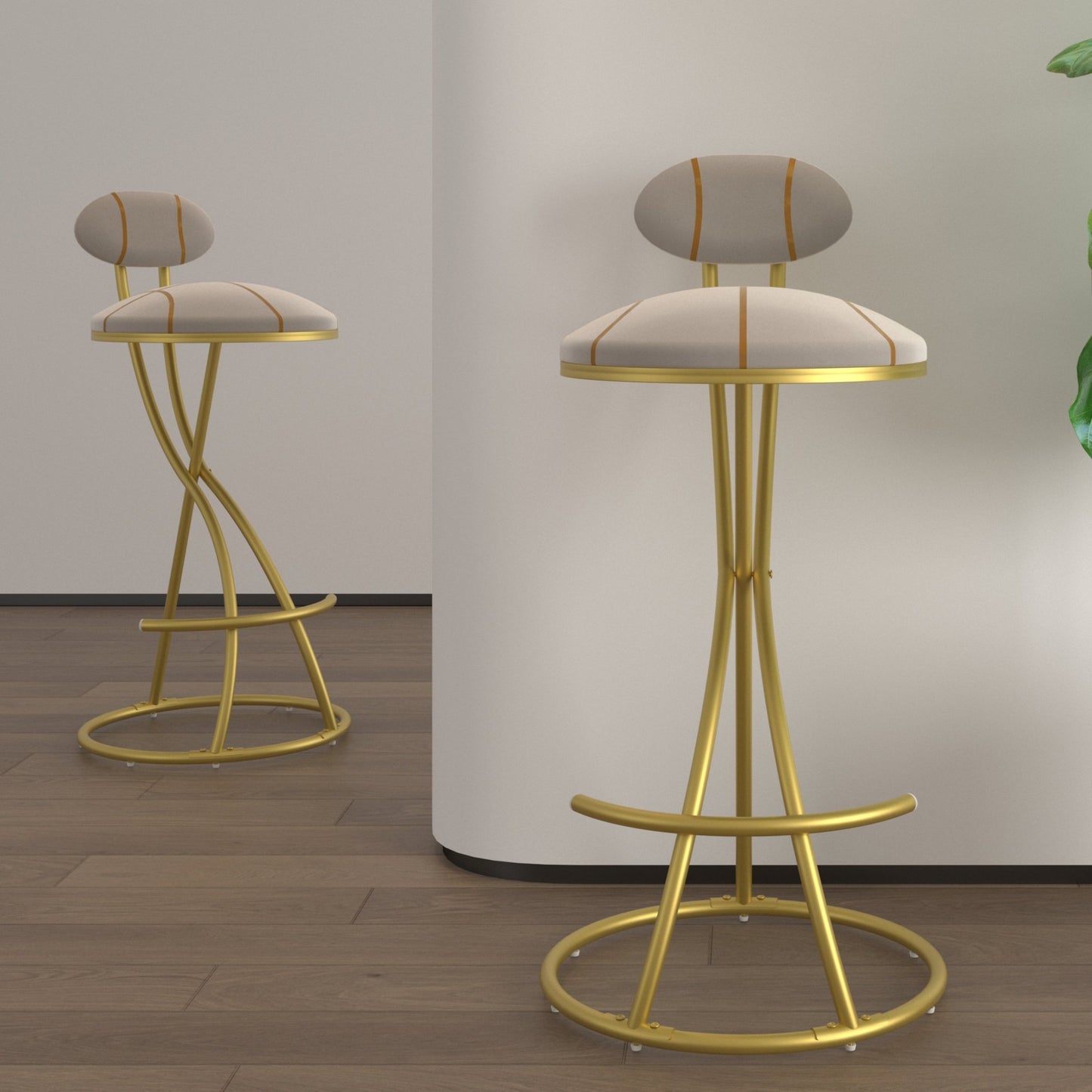 Gold Velvet Bar Stools Set of 2 | Striped Upholstered Counter Chairs with Metal Frame - 1st Choice Furniture Direct
