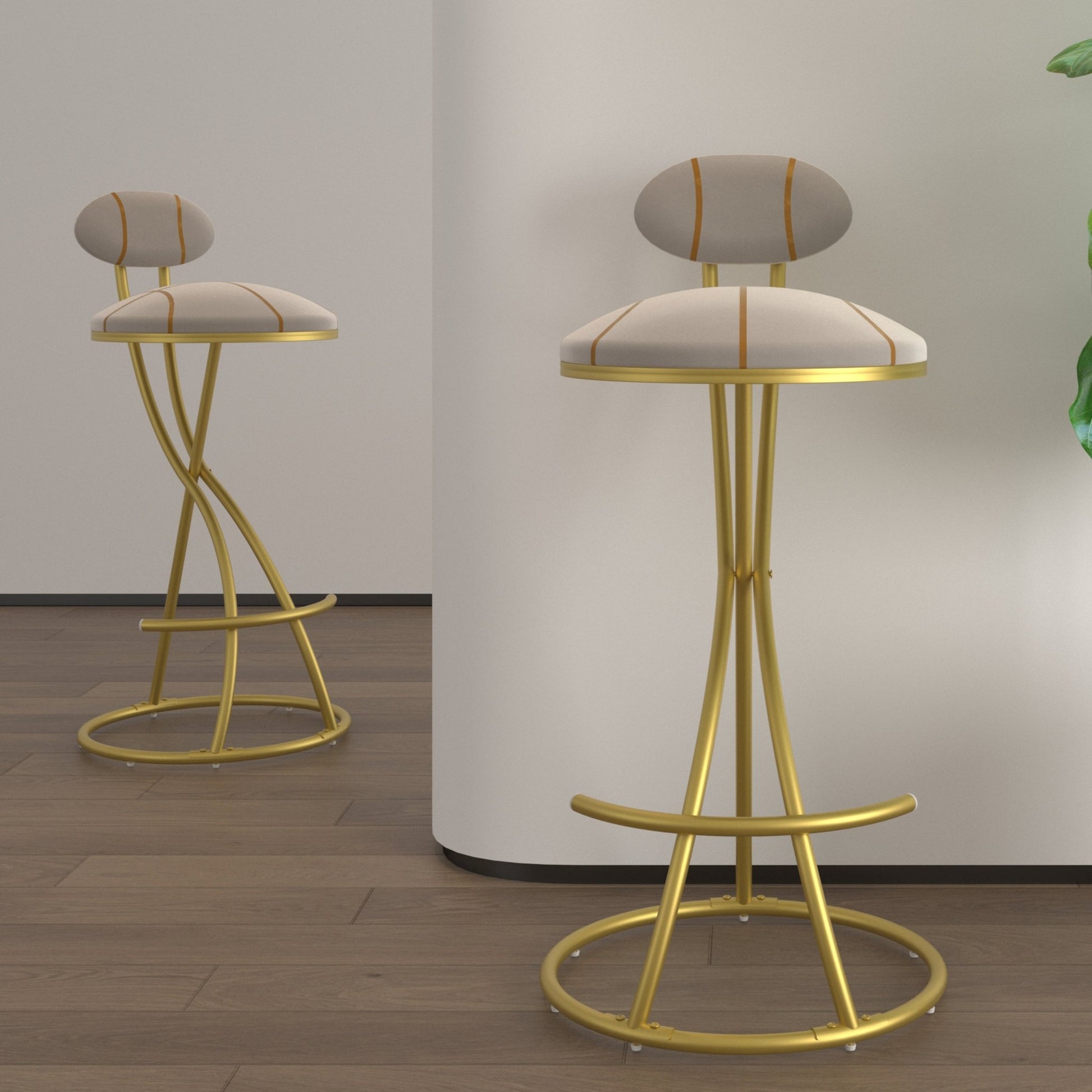 Gold Velvet Bar Stools Set of 2 | Striped Upholstered Counter Chairs with Metal Frame - 1st Choice Furniture Direct