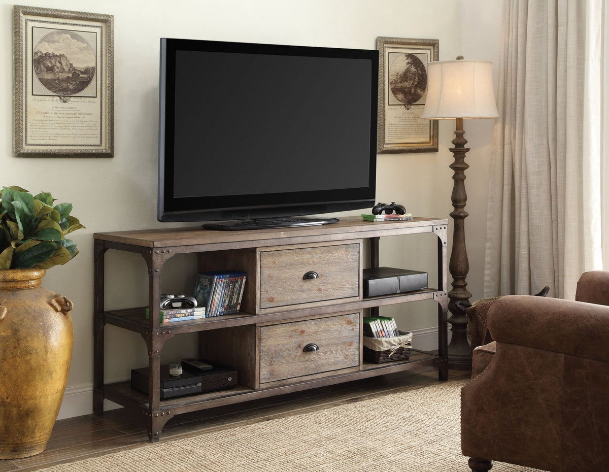 Gorden Weathered Oak Finish & Antique Silver Metal TV Stand - 1st Choice Furniture Direct