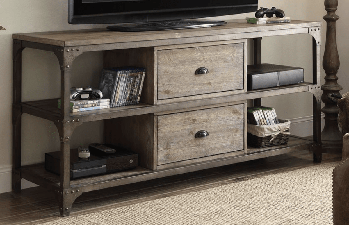 Gorden Weathered Oak Finish & Antique Silver Metal TV Stand - 1st Choice Furniture Direct