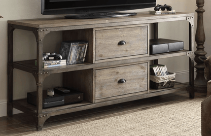 Gorden Weathered Oak Finish & Antique Silver Metal TV Stand - 1st Choice Furniture Direct